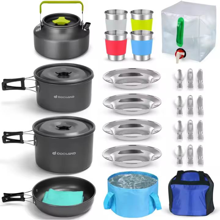 Kit de Utensilios de Cocina para Camping 29 piezas, Ollas y Sartenes Antiadherente de Camping con Contenedor de Agua y Cubo Plegable, Hervidor, Cubiertos Plegable, Copas, Platos para Acampada - 1
