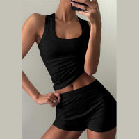 BUNO-chándales informales para Mujer, conjunto de 2 piezas, chalecos cortos elásticos con cuello en U y pantalones cortos acanalados, ropa deportiva concisa para gimnasio - details 16