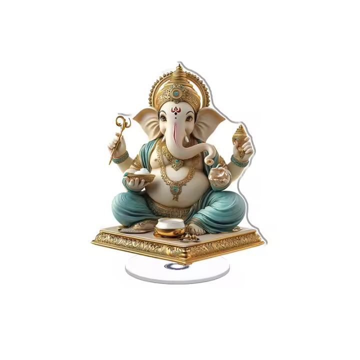 Figura acrílica giratoria de un Ganesha humorístico con diademas turquesas de tronco dorado y bote de leche que muestra colores brillantes y detalles intrincados - 1