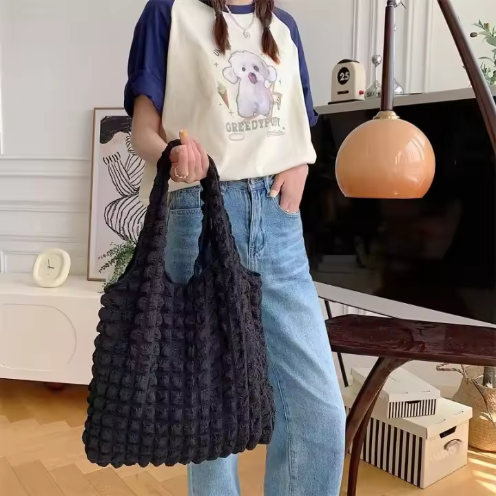 Bolso de hombro plisado para mujer, bolsa Vintage de gran capacidad, Color caramelo, Burbuja, nube, compras, - 1