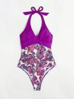 Traje de baño de bikini con lazo ajustado y estampado multicolor de una pieza de nuevo estilo para mujer con sensación de alta gama - details 18