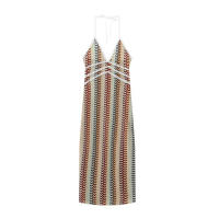TRAFZA-vestido Midi ajustado con cuello en V para mujer, traje elegante de encaje con patrón de ganchillo, a la moda y Sexy, Verano - details 1