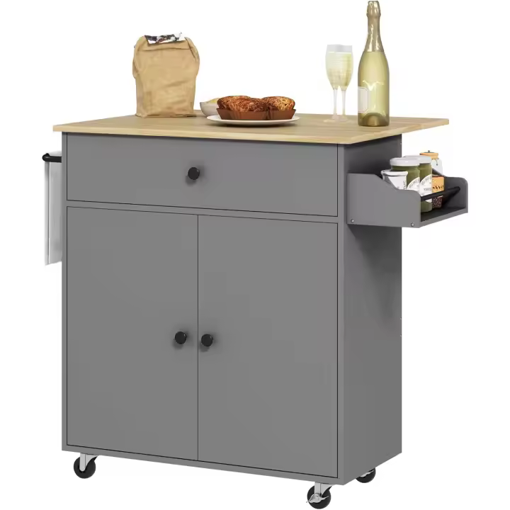 Carrito de cocina plegable, mueble auxiliar de cocina con ruedas, 2 puertas, cajón para especias, toallero y estante ajustable, 106x42x87 cm, blanco y roble - 1