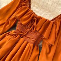 Nuevo modelo de vestido maxi elegante con cuello cuadrado para mujer, gasa lisa con mangas abullonadas, bata de fiesta en la playa, vestidos con volantes vintage - details 12