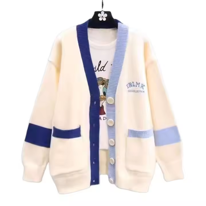 Cárdigan cómodo de mujer con cuello en V y bloque de color con bolsillo para ropa de invierno nueva innovación - 1