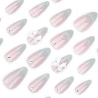 24 Piezas de Uñas Artificiales de Almendra Francesa Decoradas con Lazos 3D y Diamantes - details 0