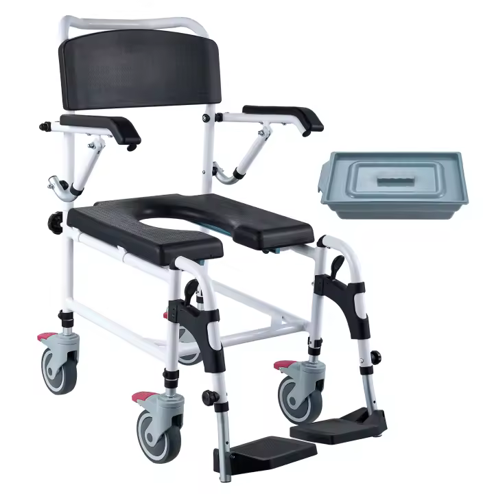 SucceBuy Silla de ruedas con inodoro de ducha con 4 ruedas bloqueables, reposapiés ajustables, brazos abatibles, ajustes de altura de 3 niveles, cubo extraíble de 5 litros, capacidad de 350 libras, silla con inodoro para adultos y personas mayores - 1
