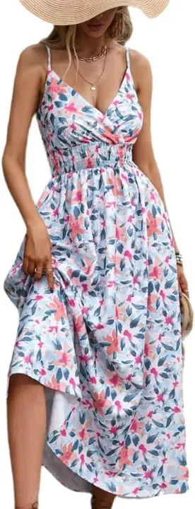 Vestido elegante con tirantes para mujer, estilo informal largo, ligero, sin mangas, con cuello en V y cintura elástica, para playa - 1