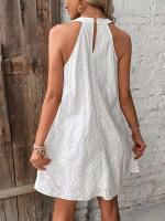 Nuevo vestido midi de mujer informal de verano de algodón y poliéster con cuello redondo y botones sin mangas de Color sólido de encaje - details 3