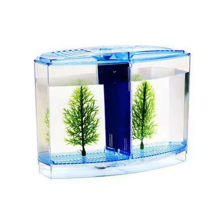 Tanque de peces Betta transparente, rejilla individual/doble, caja de aislamiento Betta de doble rejilla de plástico, caja de aislamiento Betta con hierba acuática - 1