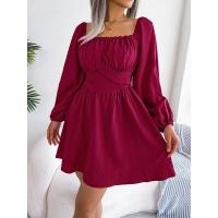 Vestido de verano 2025 para mujer con cuello cuadrado, volantes, cintura ajustada y color sólido. - details 9