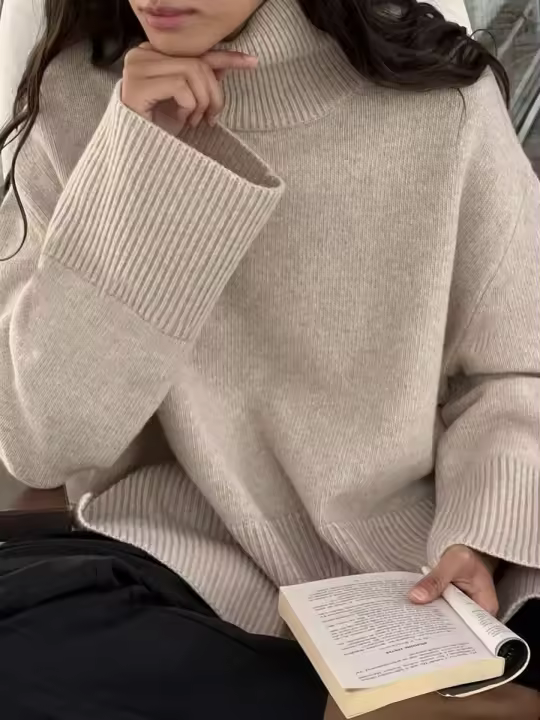 Suéter con cuello de tortuga para mujer, jersey básico de punto con abertura, holgado e informal, suave y cálido, otoño e invier - 1