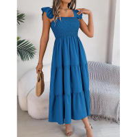 Elegante vestido largo de verano para mujer en color liso con escote cuadrado y aros decorativos, sin mangas, corte ajustado. - details 12