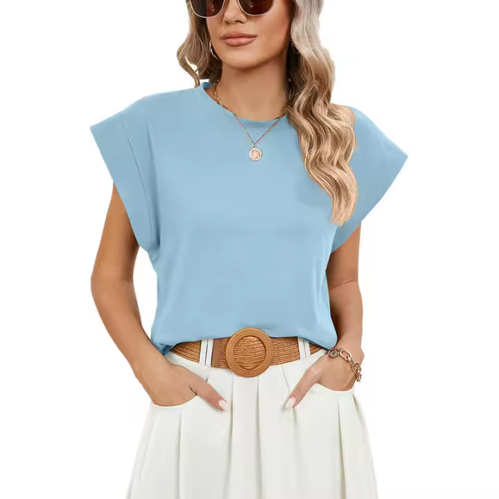 BUNO-2025 Tops para mujer, pantalón corto informal de moda de verano, camisetas básicas con textura a rayas de Color sólido y cuello redondo - 1