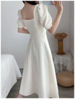 Elegante Vestido Largo Adelgazante para Mujer Manga Abullonada, Cuello Cuadrado, Ligero para el Verano con Falda Blanca Ajustada a la Cintura - details 8