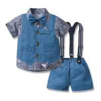Traje de verano para niños, chaleco, camisa Floral de manga corta, pantalones cortos con tirantes, conjunto de tres piezas, traje Pastoral de moda - details 7