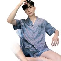 Traje de pijama Jacquard de alta calidad para hombre, pantalones cortos de seda de hielo de verano, conjunto de ropa de dormir de satén fino, ropa de estar por Casa de talla grande, ropa de noche masculina - details 0