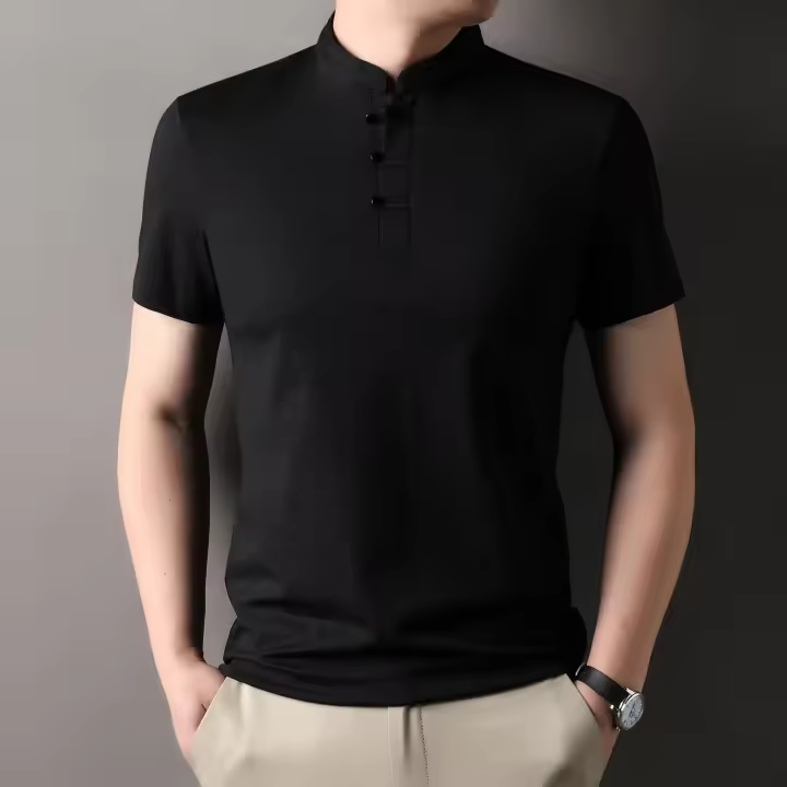 Nuevo Top de seda de hielo resistente a las arrugas con protector solar de manga corta y cuello levantado con hebilla para hombre de estilo chino - 1