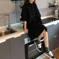 Vestido Polo de talla grande para mujer, camiseta de manga corta con cuello de camisa y longitud por debajo de la rodilla, color negro, cintura holgada coreana para verano - details 4