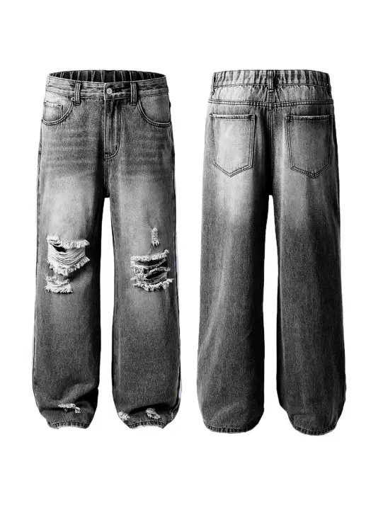 Pantalones De Mujer Amplios Y Cómodos En Denim Con Agujeros Cierre De Cremallera Estilo Casual Para Todas Las Estaciones - 1