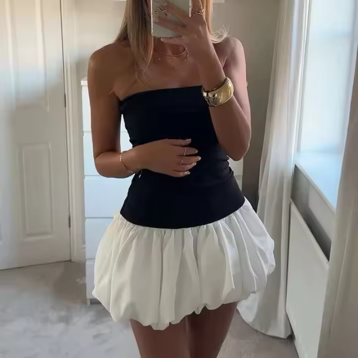 Mini vestido Retro sin tirantes para mujer, vestido de noche de fiesta con hombros descubiertos y esponjoso, pantalones cortos, ropa de calle - 1