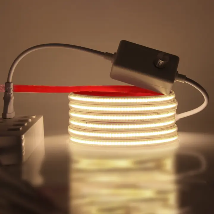 Tira de luces LED COB regulable de 220V con adhesivo, enchufe europeo, cinta Flexible impermeable IP65, Luz lineal de alta densidad - 1