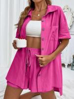 Conjunto de camisa de dos piezas de color sólido con pantalones cortos de moda para mujer, informal, suelto, manga corta, una sola fila - details 13
