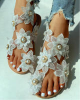 Sandalias planas con punta de talla grande para mujer con perlas y flores 3D de girasol, buen estilo - details 0