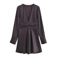 Mini vestido liso de satén de otoño para mujer, Vestidos informales de manga larga con cuello en V y cintura fruncida, Vestidos femeninos - details 12
