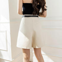Verano beige para mujer, cintura alta y piernas anchas, tela informal, bermudas de terciopelo con puños hasta la rodilla - details 4