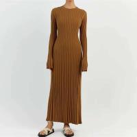 Vestido elegante de punto acanalado de manga larga con cuello redondo y cintura larga para mujer, estilo vintage de los años 90 - details 8