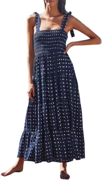Vestido midi sin mangas para mujer, elegante, estilo bohemio, vestido de playa, estampado, cuello cuadrado, informal, largo. - 1