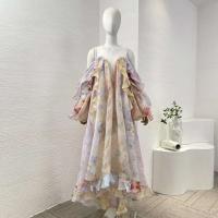 Vestidos largos sin espalda con hombros descubiertos y volantes de manga larga con estampado ral multicolor en stock 2025 Nuevo - details 1