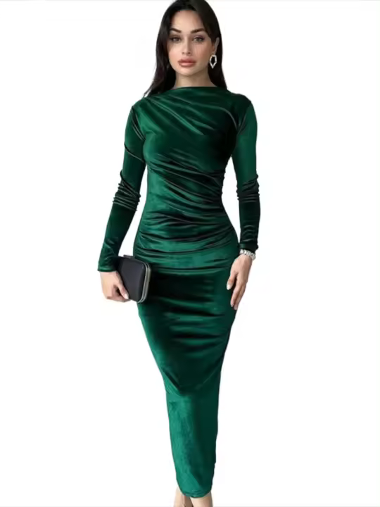 Vestidos para mujer, vestido de noche elegante y hermoso, cuello redondo, mangas largas, color sólido, nuevo, a la moda - 1