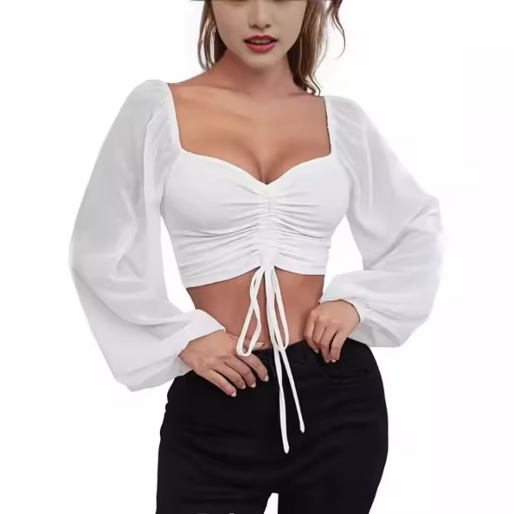 Camisa de malla sexy para mujer con mangas acampanadas y encaje, camiseta con ombligo descubierto en el pecho, parte inferior de manga larga - 1