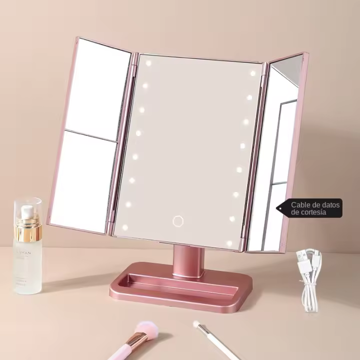 Espejo de maquillaje LED de tres aperturas espejo de mesa de la cómoda almacenamiento inteligente espejo de belleza plegable de - 1