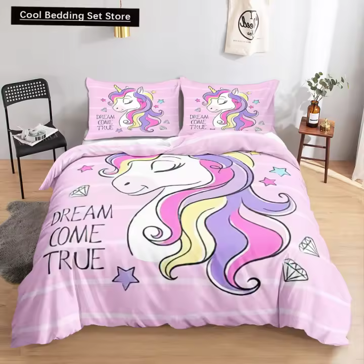 Juego de cama Kawaii unicornio luminoso y colorido para niños y niñas, funda de edredón de lujo rosa, funda de edredón King Queen - 1