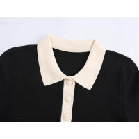 Vestido corto de punto con cuello polo y mangas hasta el codo para mujer, estilo vintage, con parches negros, mini vestido informal de otoño. - details 2