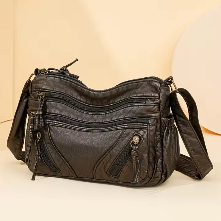 Bolso bandolera para mujer estilo vintage - Diseño retro, patrón sólido, cuero sintético, cierre de cremallera, forro de poliéster - 1