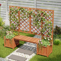 Jardinera, jardinera con espaldera como ayuda para trepar, jardinera con mucho espacio, jardinera jardinera, abeto de madera maciza marrón, jardinera con espaldera y asiento para jardín patio terraza - details 1