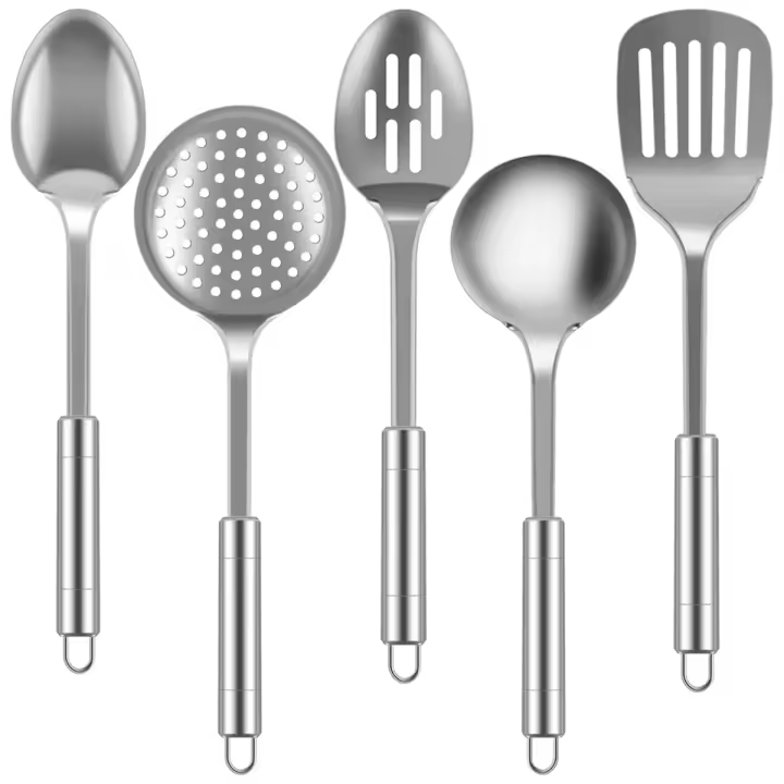 Juego de utensilios de cocina de 5 piezas, pala de acero inoxidable, cuchara para sopa, espátula, vajilla - 1