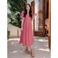 Vestido rosa elegante de verano a la moda con cuello cuadrado y manga abombada, Vestidos femeninos con volantes, vestido de fiesta de cintura alta de Corea, Vestidos para mujer - details 6