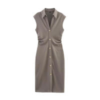 TRAFZA elegante vestido de oficina para mujer ajustado por debajo de la rodilla liso sin mangas con cintura de un solo pecho diseño plisado solapa vestido de verano para mujer - details 4