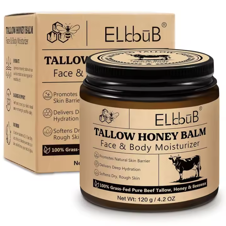 ELBBUB Crema de sebo batido para cara y cuerpo - 100% sebo de res alimentado con pasto, crema hidratante natural de cera de abejas y miel, hidratación profunda - 1