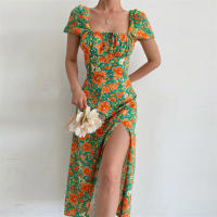 Vestido de mujer, novedad de verano 2025, vacaciones, pausa para el té, cuello cuadrado, falda de longitud media, mangas de burbuja, vestido con abertura Floral francés - details 29