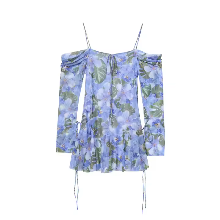 Ropa de mujer europea y americana, vestido de malla de seda estampado popular, falda con tirantes para mujer - 1