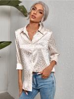 Blusa De Seda Casual Leopardo Para Mujer Camisa De Oficina Con Botones Manga Larga Ajustable Estilo Elegante Tops Blusas - details 2
