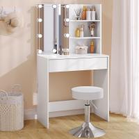 Tocador con Taburete, Tocador Maquillaje con Espejo y Luz, Mesa Tocador con Cajón Grande y 2 Estantes, Espejo, 10 Bombillas LED, Tocador Moderno para Dormitorio, Blanco, 75x40x136 cm, MB6113ws - details 0