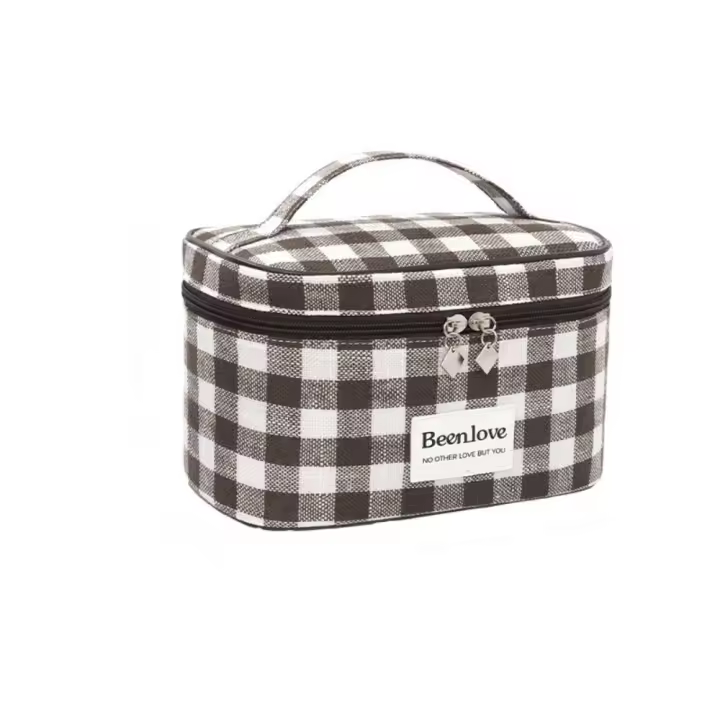 Bolsa de maquillaje a cuadros de gran capacidad, bolsa de aseo de viaje de mano de estilo coreano, bolsa de almacenamiento con doble cremallera, bolsa de lavado, bolsa de negocios - 1