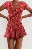 Minifalda elegante con cuello en V plisada floral para mujer, corte A, verano - details 1